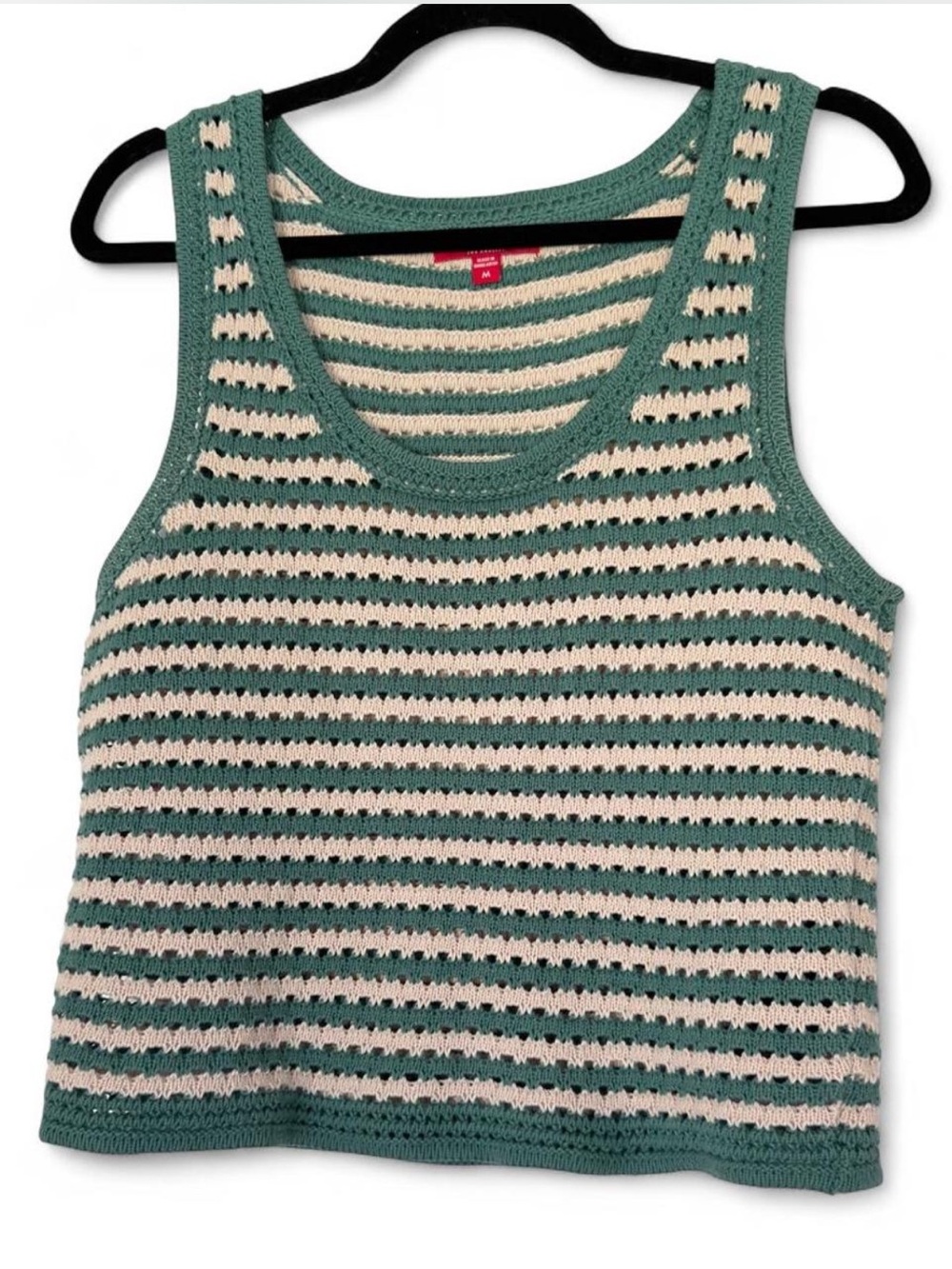 GUESS Sage Green & Ivory Striped Open Stitch Crochet Knit Sweater Tank Top M